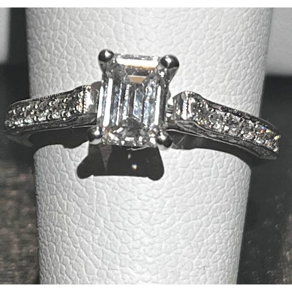 1.85 CTW Emerald Cut Hybrid Diamond Engagement Ring 18K White Gold Pave VVS2 F - Picture 2 of 6